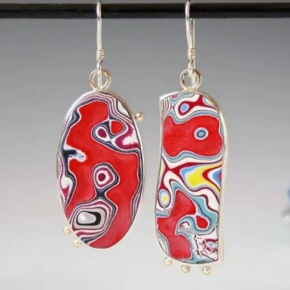 Beautiful Asymmetrical Multi-Color Resin & Silver Electro-Plated Drop Earrings - Picture 1 of 2